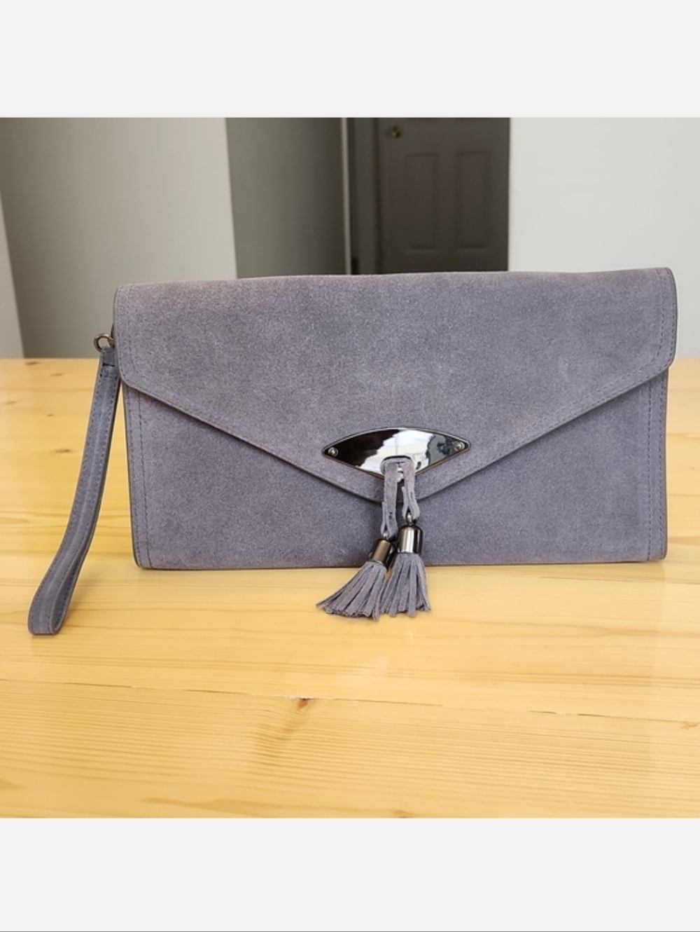 White House Black Market Envelope Clutch Wristlet Handbag Gray Suede